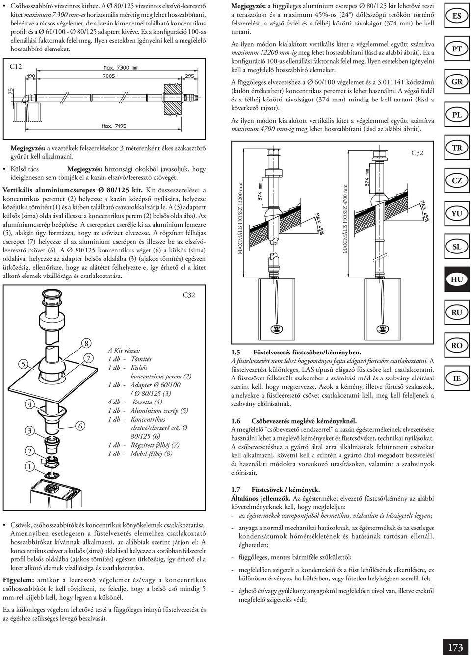 60/100 - Ø 80/125 adaptert kivéve. Ez a konfiguráció 100-as ellenállási faktornak felel meg. Ilyen esetekben igényelni kell a megfelelő hosszabbító elemeket.