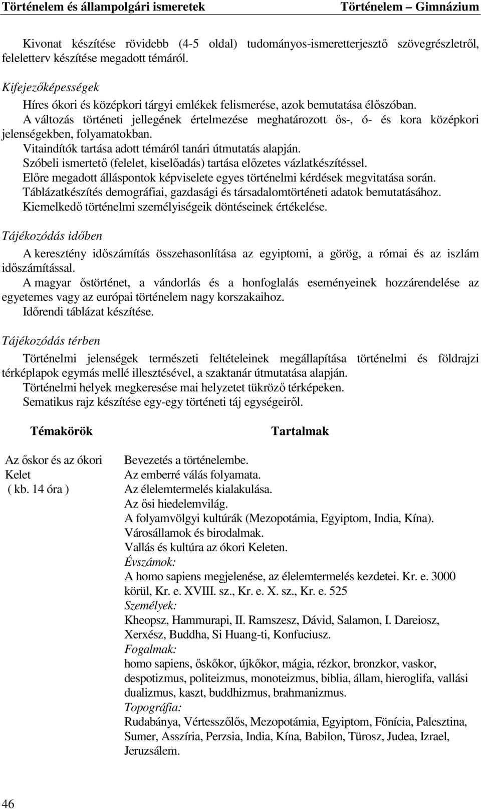 A változás történeti jellegének értelmezése meghatározott ős-, ó- és kora középkori jelenségekben, folyamatokban. Vitaindítók tartása adott témáról tanári útmutatás alapján.