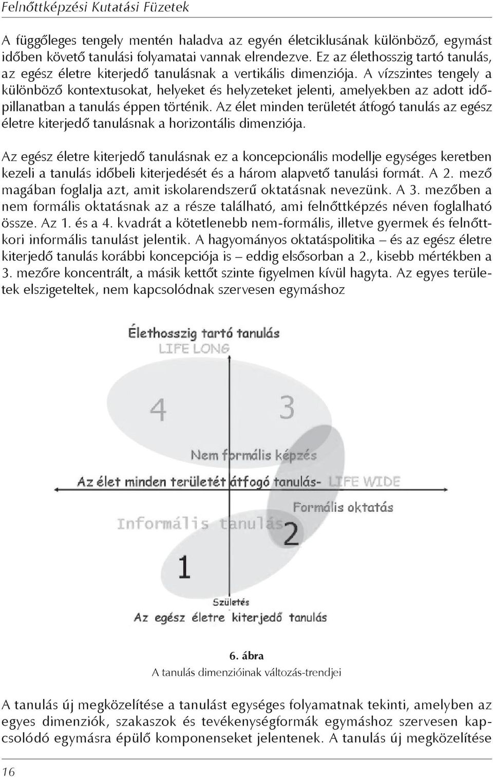 A vízszintes tengely a különböző kontextusokat, helyeket és helyzeteket jelenti, amelyekben az adott időpillanatban a tanulás éppen történik.