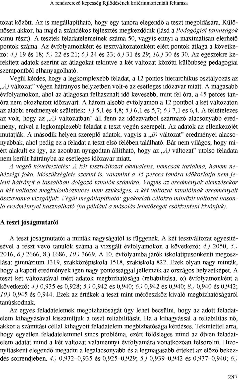 Az évfolyamonként és tesztváltozatonként elért pontok átlaga a következő: 4.) 19 és 18; 5.) 22 és 21; 6.) 24 és 23; 8.) 31 és 29; 10.) 30 és 30.