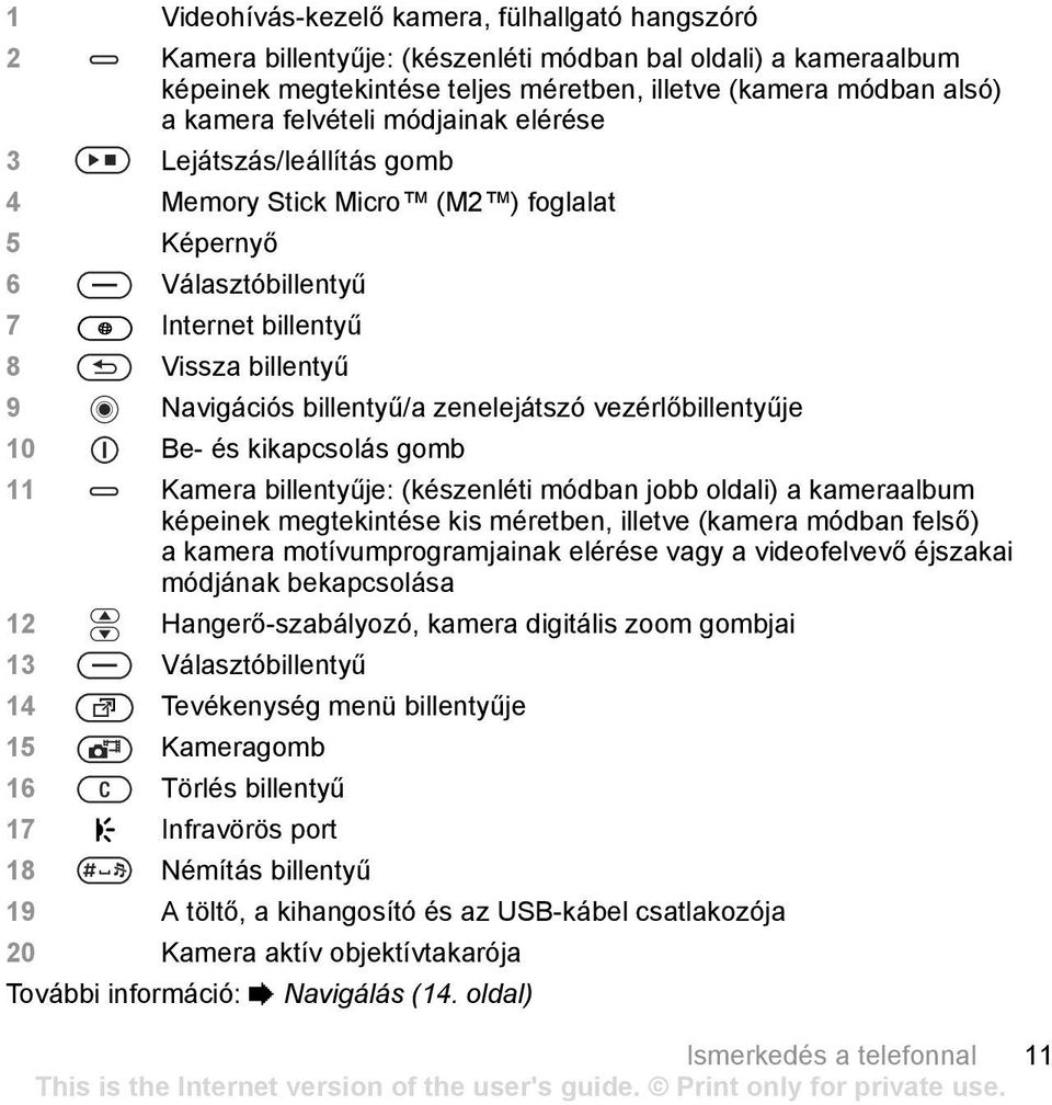 vezérlőbillentyűje 10 Be- és kikapcsolás gomb 11 Kamera billentyűje: (készenléti módban jobb oldali) a kameraalbum képeinek megtekintése kis méretben, illetve (kamera módban felső) a kamera