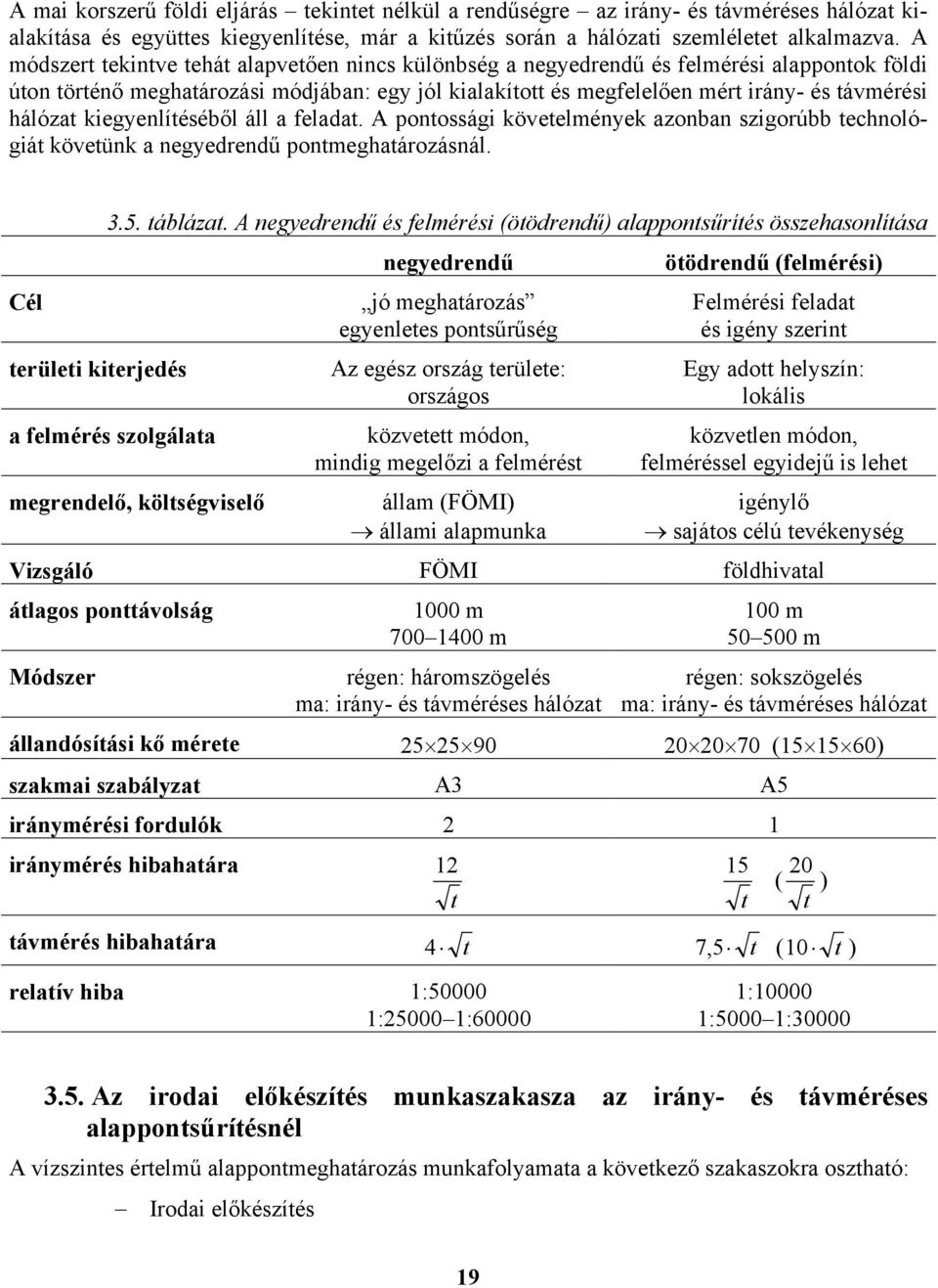 kegyenlítéséből áll a feladat. A pontosság követelmények azonban szgorúbb technológát követü nk a negyedrendű pontmeghatározásnál. Cél terület kterjedés 3.5. táblázat.