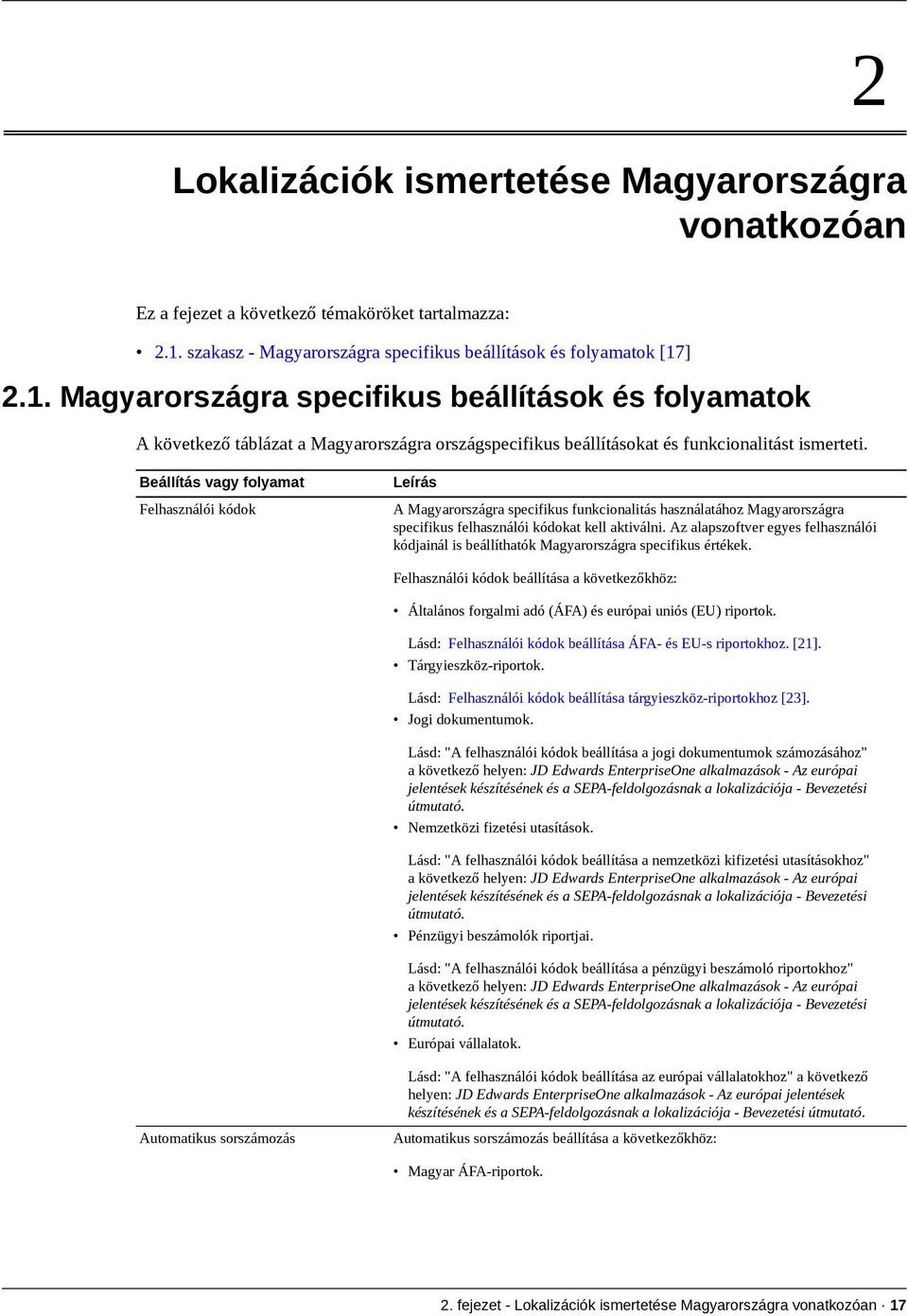 ] 2.1. Magyarországra specifikus beállítások és folyamatok A következő táblázat a Magyarországra országspecifikus beállításokat és funkcionalitást ismerteti.