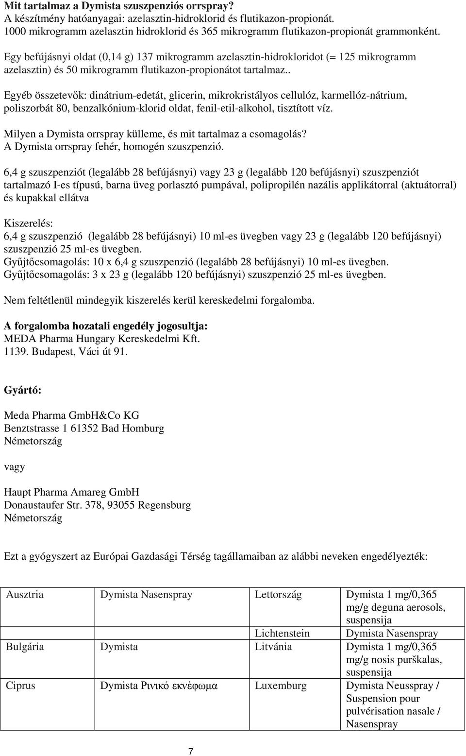 Egy befújásnyi oldat (0,14 g) 137 mikrogramm azelasztin-hidrokloridot (= 125 mikrogramm azelasztin) és 50 mikrogramm flutikazon-propionátot tartalmaz.