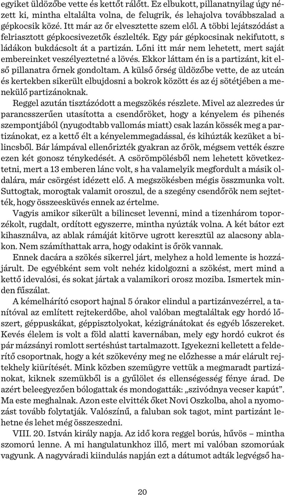 Lőni itt már nem lehetett, mert saját embereinket veszélyeztetné a lövés. Ekkor láttam én is a partizánt, kit első pillanatra őrnek gondoltam.