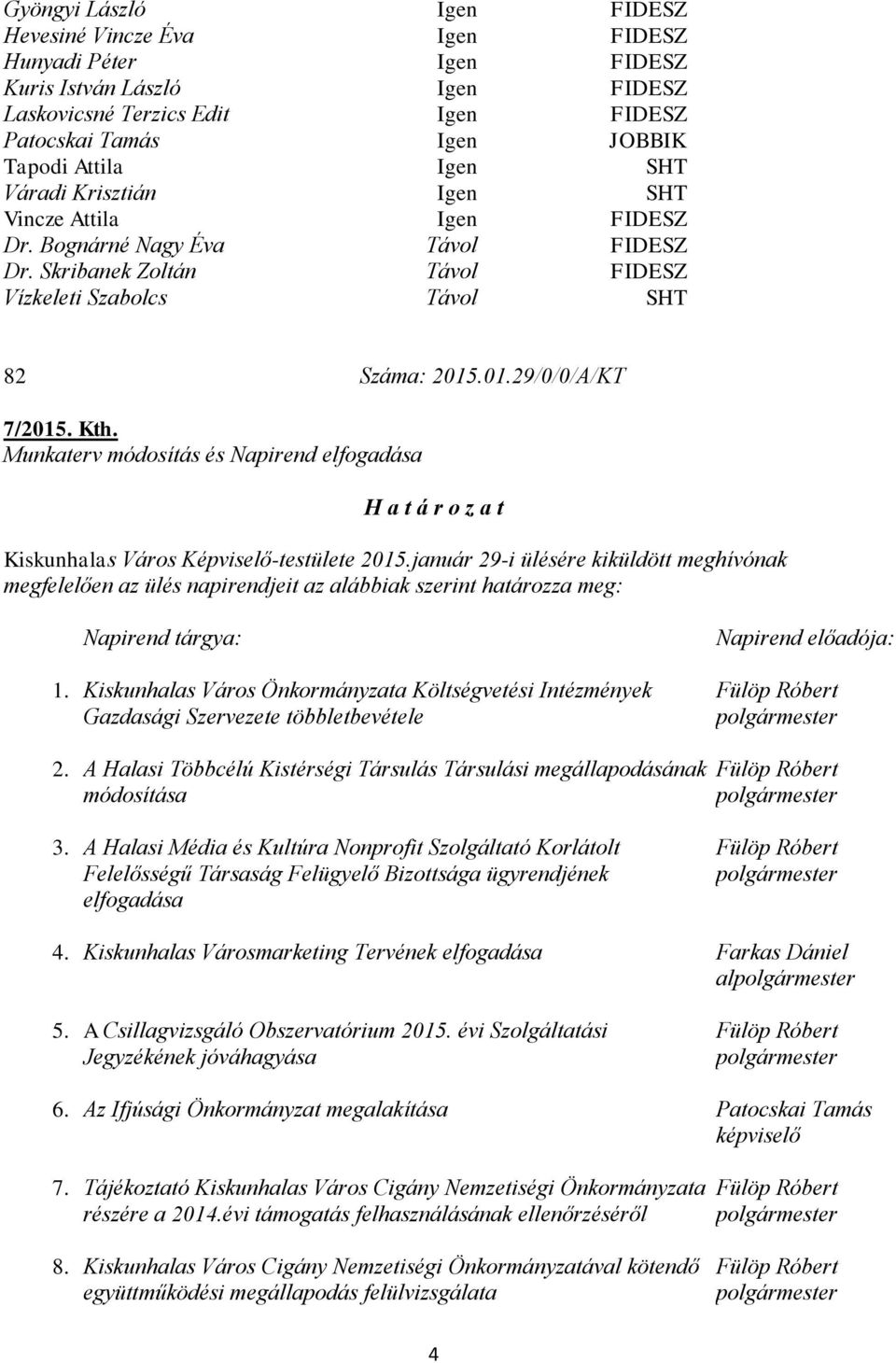 Kth. Munkaterv módosítás és Napirend elfogadása H a t á r o z a t Kiskunhalas Város Képviselő-testülete 2015.