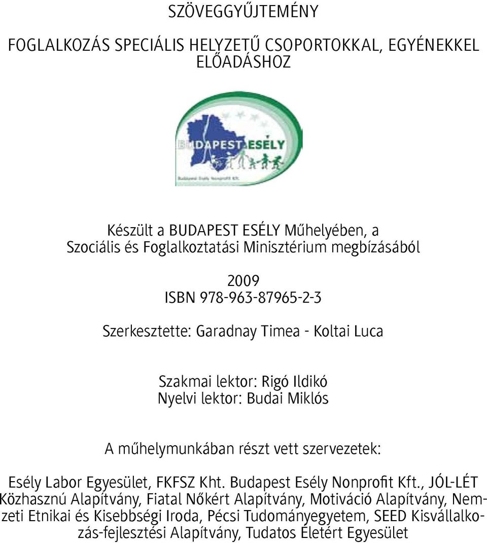 A műhelymunkában részt vett szervezetek: Esély Labor Egyesület, FKFSZ Kht. Budapest Esély Nonprofit Kft.