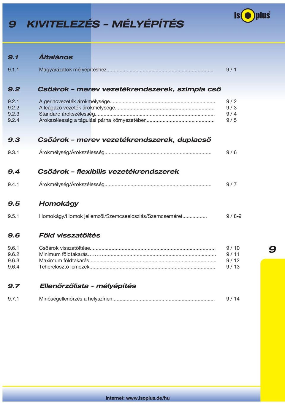 4.1 Árokmélység/Árokszélesség... 9 / 7 9.5 Homokágy 9.5.1 Homokágy/Homok jellemzői/szemcseeloszlás/szemcseméret... 9 / 8-9 9.6 Föld visszatöltés 9.6.1 Csőárok visszatöltése... 9 / 10 9.6.2 Minimum földtakarás.