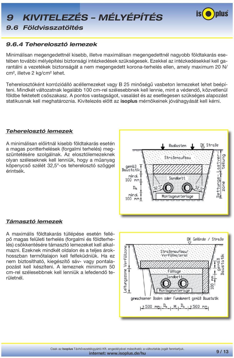 Teherelosztóként korrózióálló acéllemezeket vagy B 25 minőségű vasbeton lemezeket lehet beépíteni.