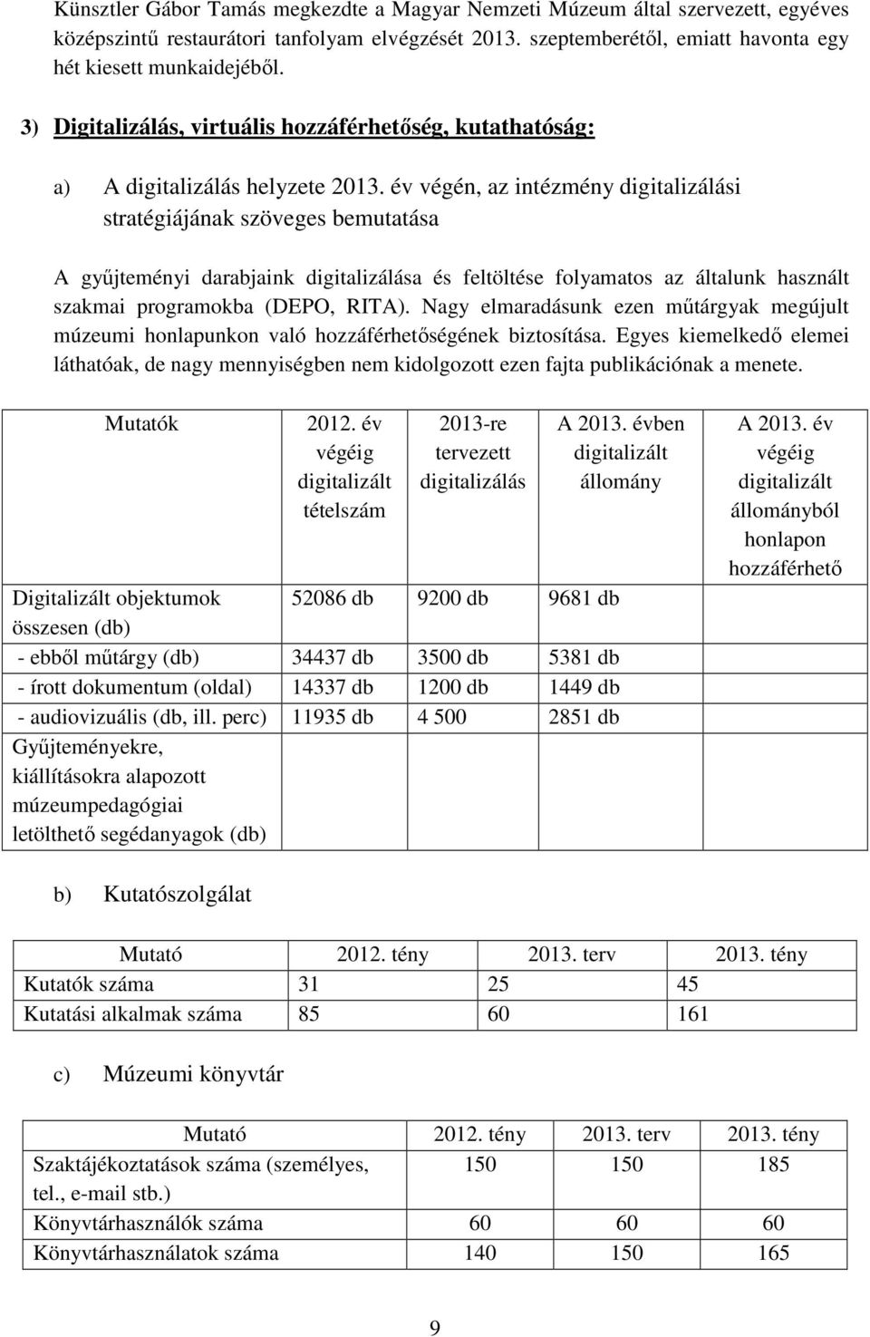 év végén, az intézmény digitalizálási stratégiájának szöveges bemutatása A győjteményi darabjaink digitalizálása és feltöltése folyamatos az általunk használt szakmai programokba (DEPO, RITA).