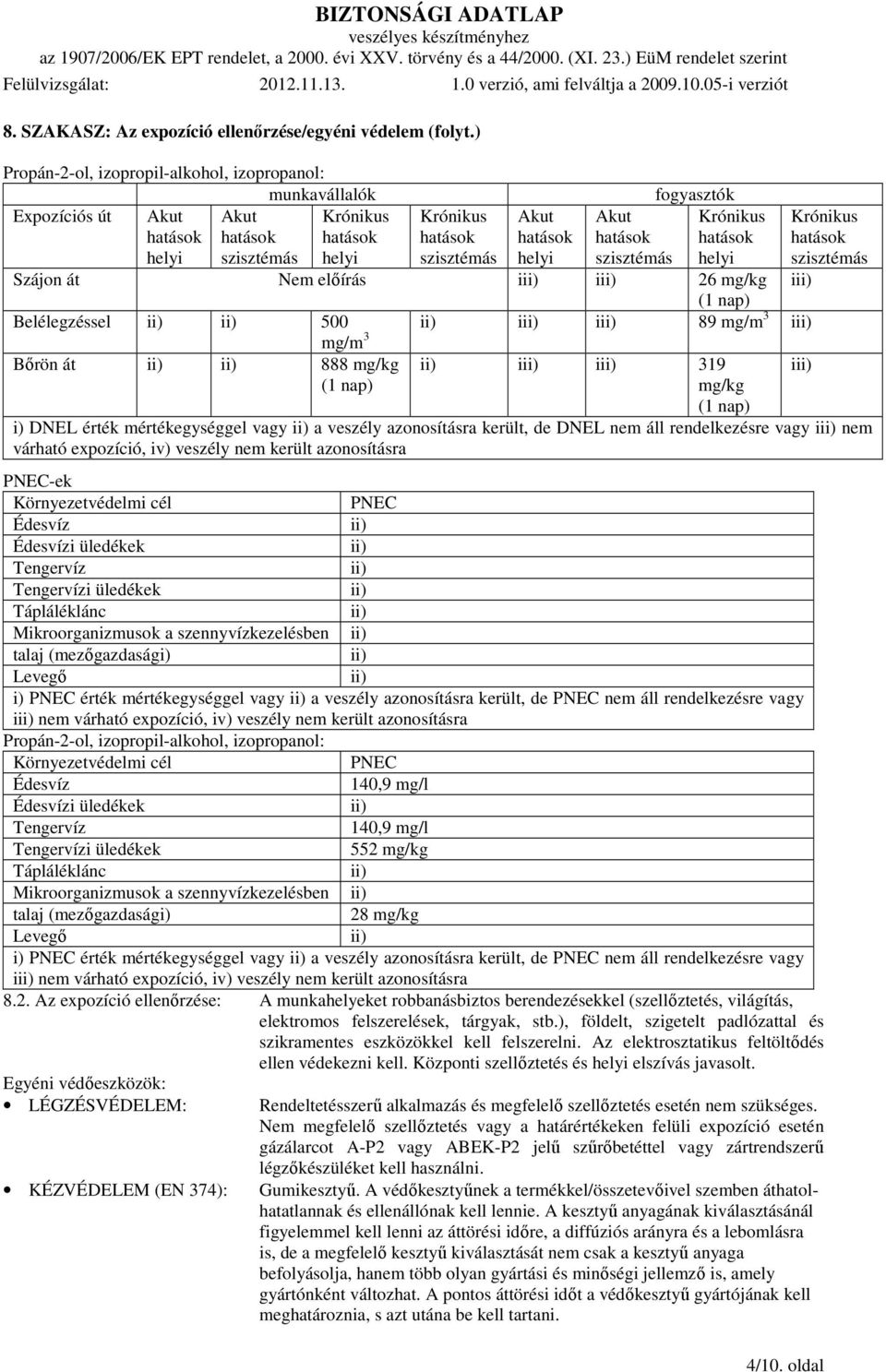 3 Bőrön át 888 mg/kg (1 nap) i i 319 mg/kg (1 nap) Krónikus i i) DNEL érték mértékegységgel vagy a veszély azonosításra került, de DNEL nem áll rendelkezésre vagy i nem várható expozíció, iv) veszély