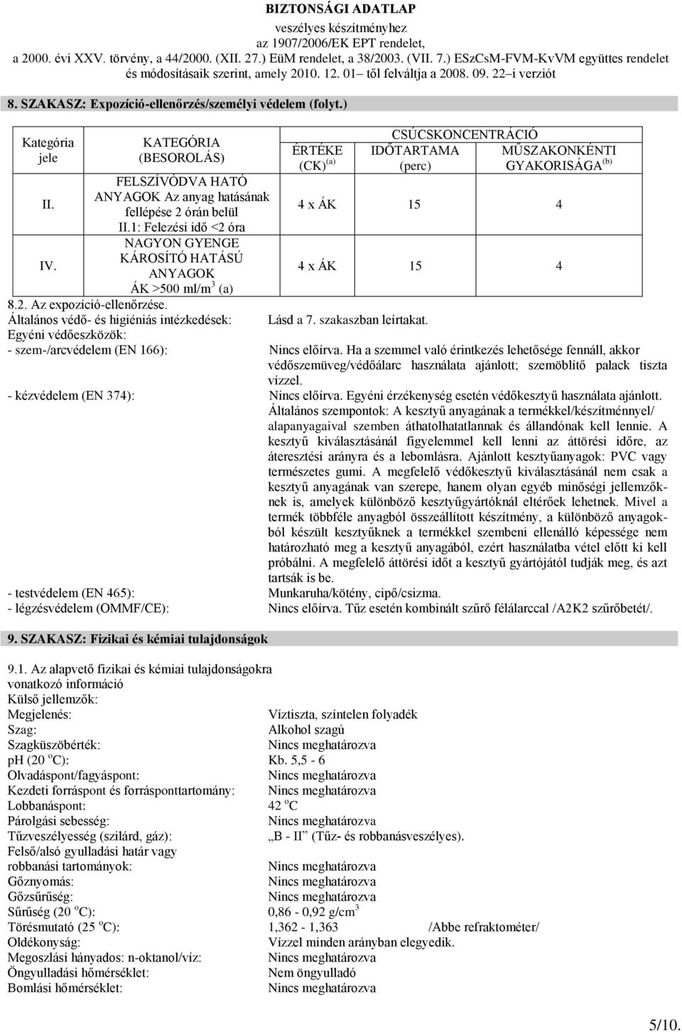 ÉRTÉKE (CK) (a) CSÚCSKONCENTRÁCIÓ IDŐTARTAMA (perc) MŰSZAKONKÉNTI GYAKORISÁGA (b) 4 x ÁK 15 4 4 x ÁK 15 4 Általános védő- és higiéniás intézkedések: Lásd a 7. szakaszban leírtakat.