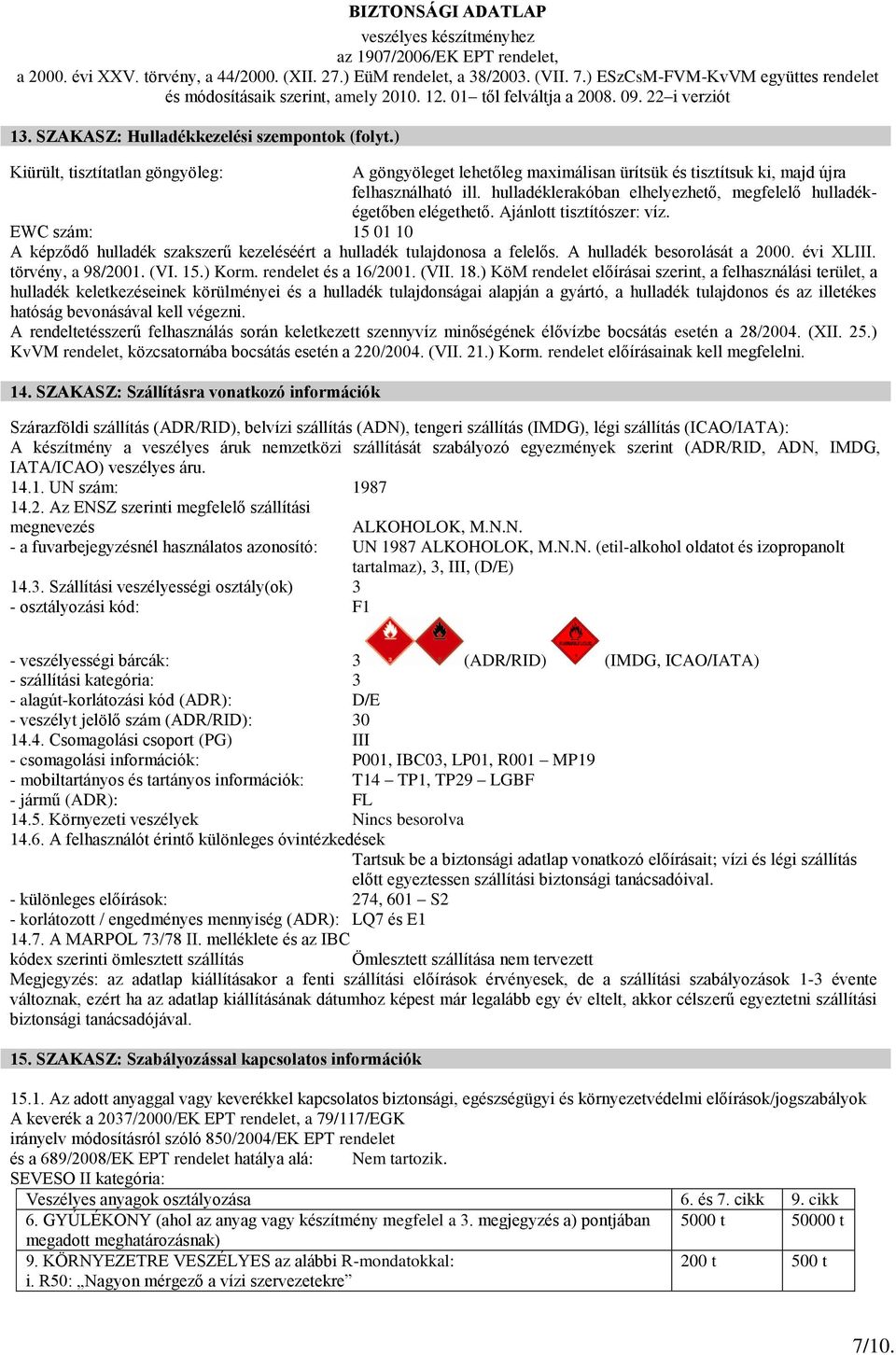 A hulladék besorolását a 2000. évi XLIII. törvény, a 98/2001. (VI. 15.) Korm. rendelet és a 16/2001. (VII. 18.