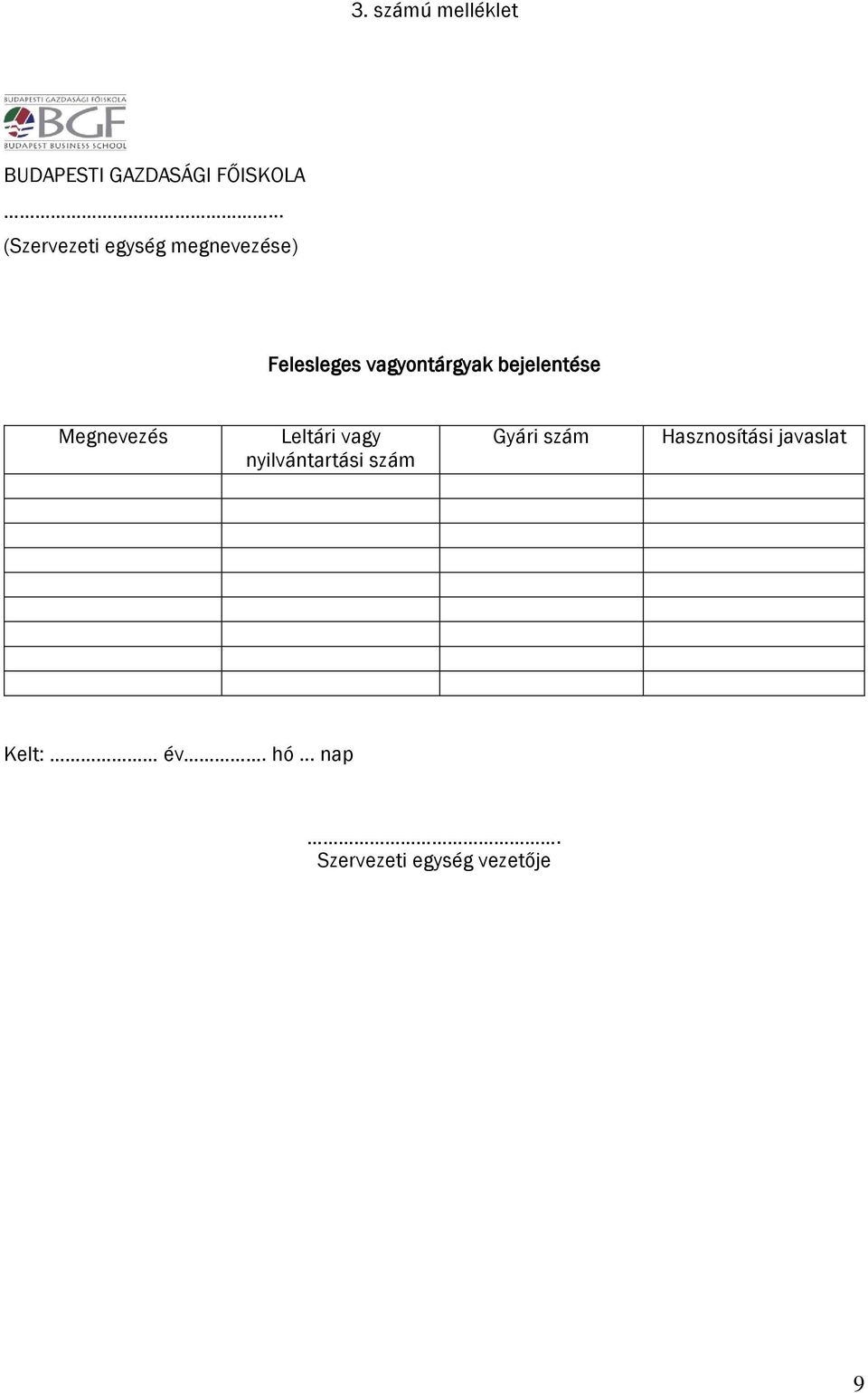 bejelentése Megnevezés Leltári vagy nyilvántartási szám Gyári