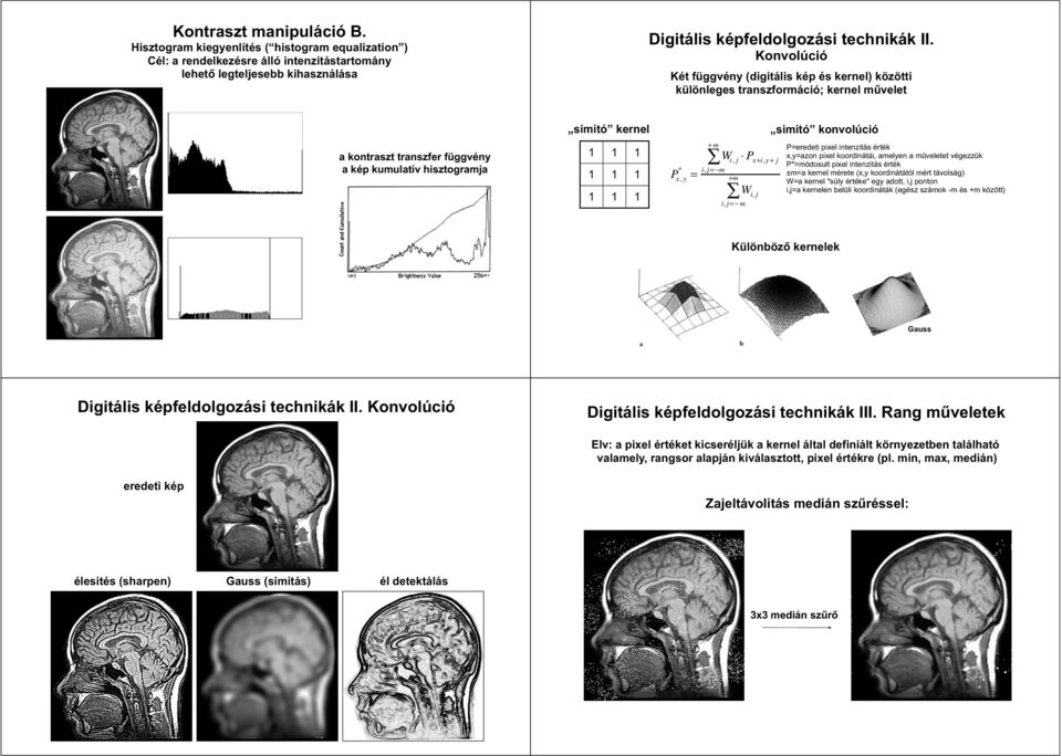 = + m W i,j P x +i,y+ j i, j = m +m W i, j i, j = m simító konvolúció P=eredeti pixel intenzitás érték x,y=azon pixel koordinátái, amelyen a mûveletet végezzük P*=módosult pixel intenzitás érték ±m=a