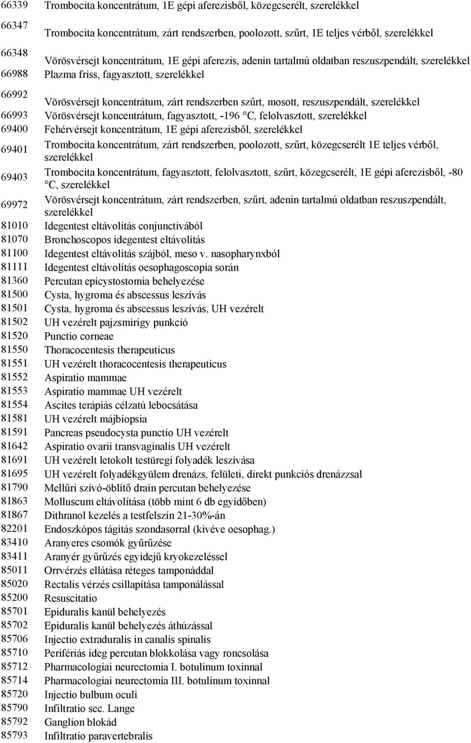 reszuszpendált, szerelékkel 66993 Vörösvérsejt koncentrátum, fagyasztott, -196 C, felolvasztott, szerelékkel 69400 Fehérvérsejt koncentrátum, 1E gépi aferezisből, szerelékkel 69401 Trombocita