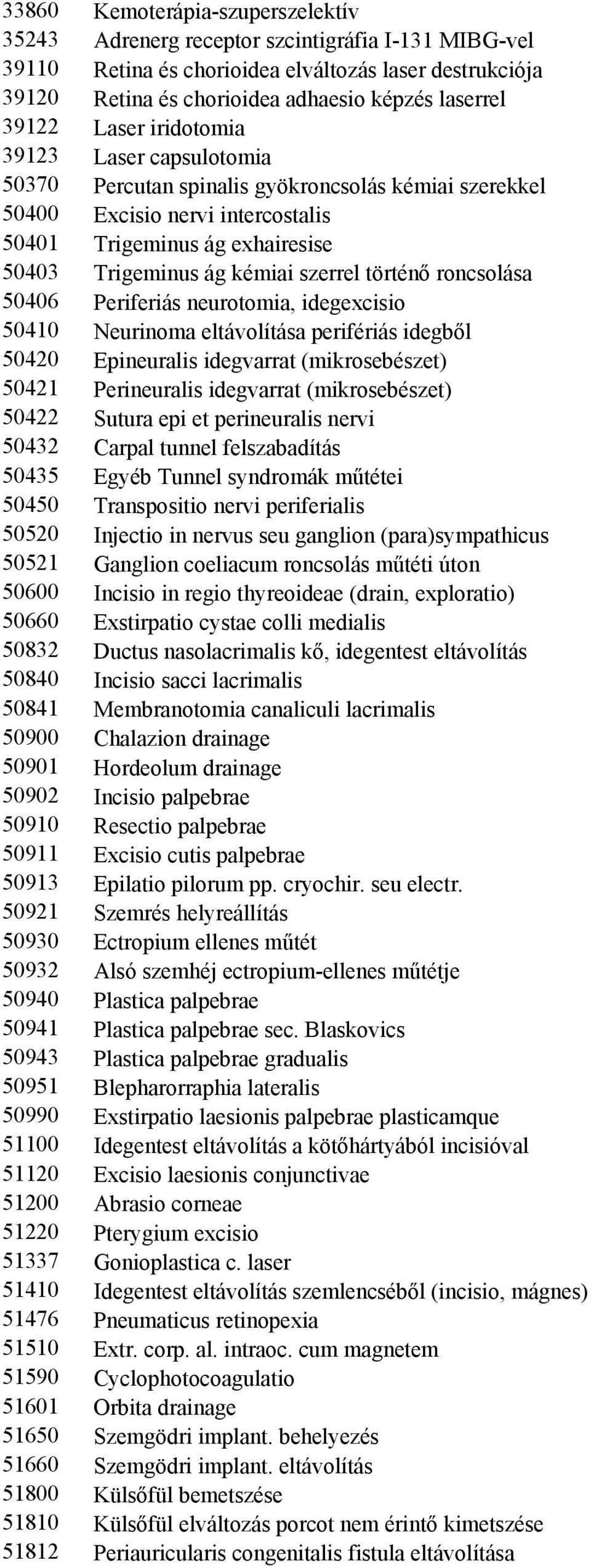 szerrel történő roncsolása 50406 Periferiás neurotomia, idegexcisio 50410 Neurinoma eltávolítása perifériás idegből 50420 Epineuralis idegvarrat (mikrosebészet) 50421 Perineuralis idegvarrat