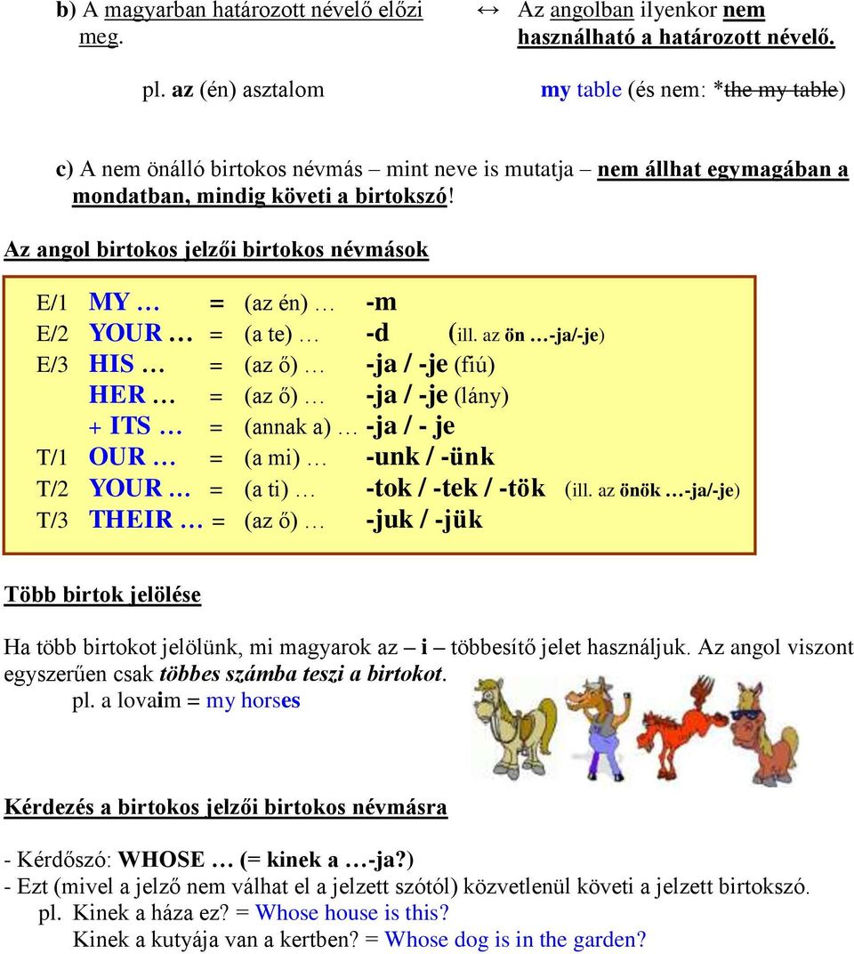 Az angol birtokos jelzői birtokos névmások E/1 MY = (az én) -m E/2 YOUR = (a te) -d (ill.