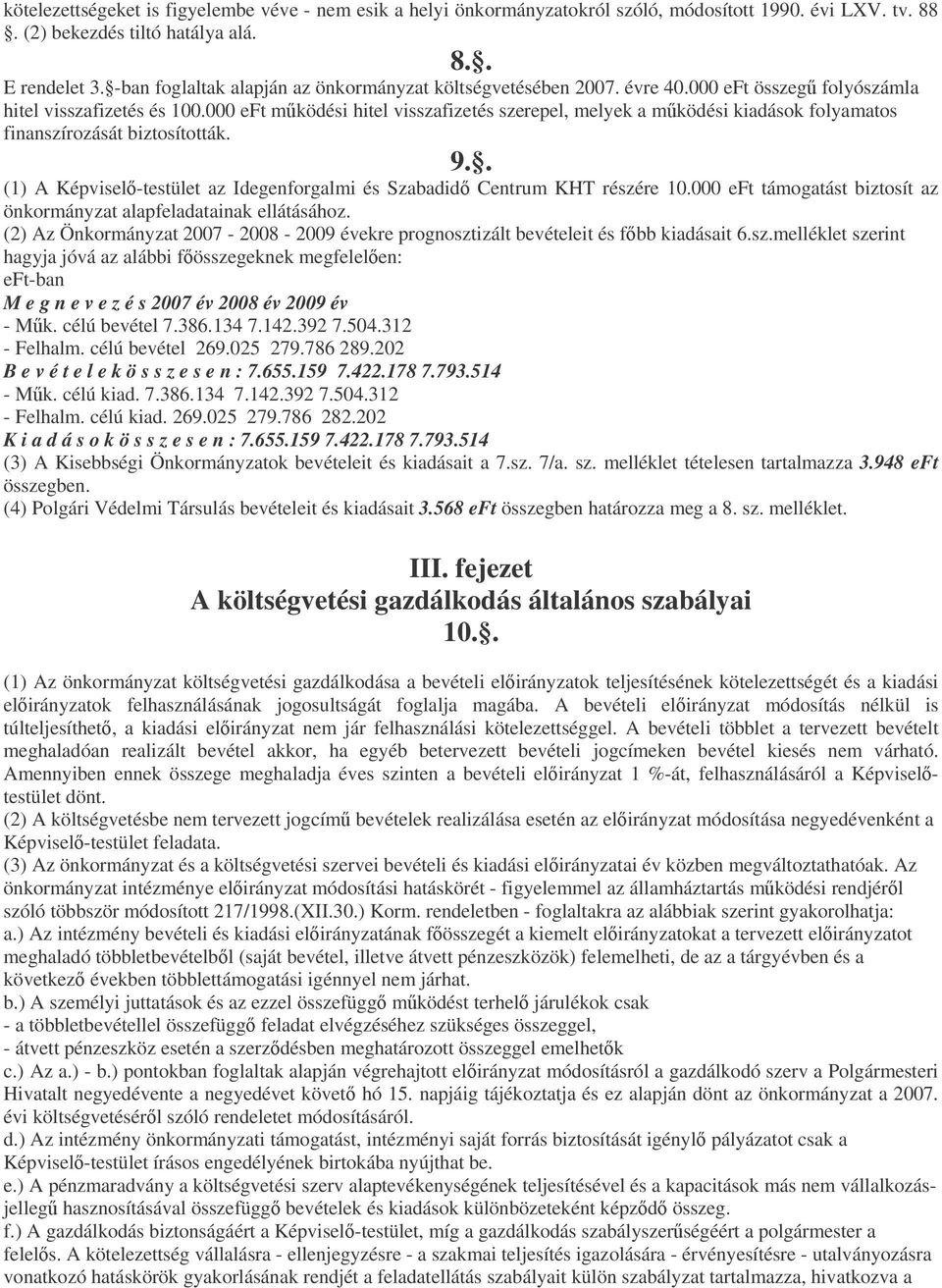 000 eft mködési hitel visszafizetés szerepel, melyek a mködési kiadások folyamatos finanszírozását biztosították. 9.. (1) A Képvisel-testület az Idegenforgalmi és Szabadid Centrum KHT részére 10.