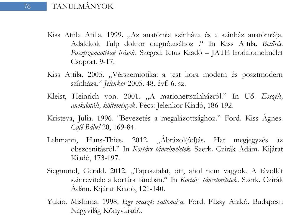 A marionettszínházról. In Uő. Esszék, anekdoták, költemények. Pécs: Jelenkor Kiadó, 186-192. Kristeva, Julia. 1996. Bevezetés a megalázottsághoz. Ford. Kiss Ágnes. Café Bábel 20, 169-84.