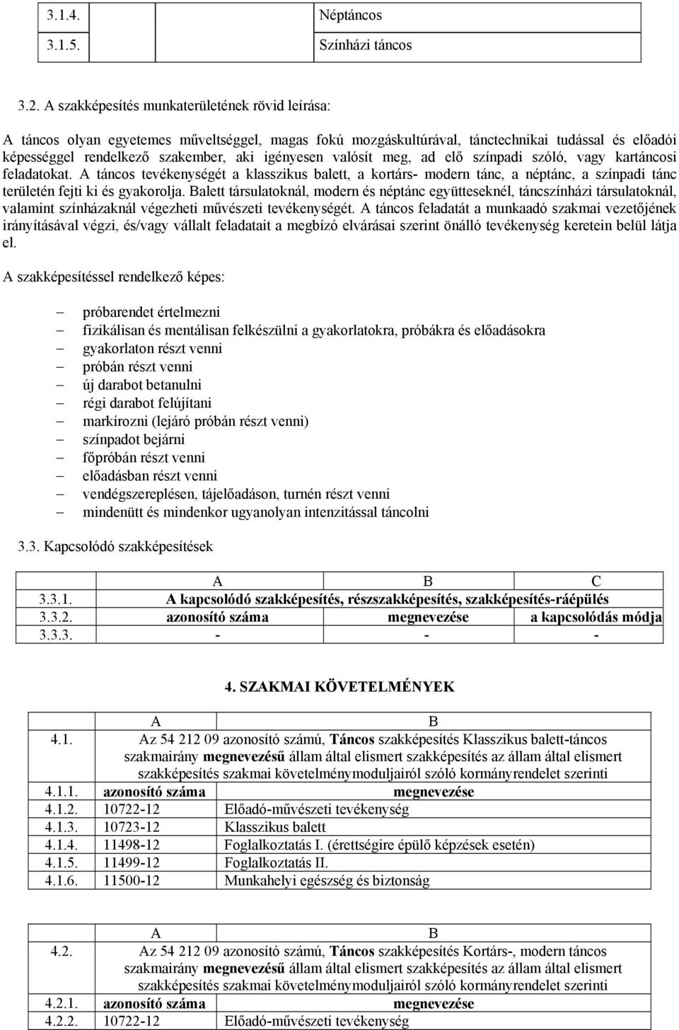 valósít meg, ad elő színpadi szóló, vagy kartáncosi feladatokat. A táncos tevékenységét a klasszikus balett, a kortárs- modern tánc, a néptánc, a színpadi tánc területén fejti ki és gyakorolja.