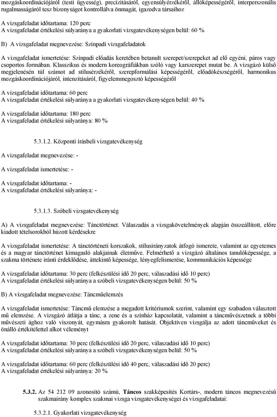 ismertetése: Színpadi előadás keretében betanult szerepet/szerepeket ad elő egyéni, páros vagy csoportos formában. Klasszikus és modern koreográfiákban szóló vagy karszerepet mutat be.