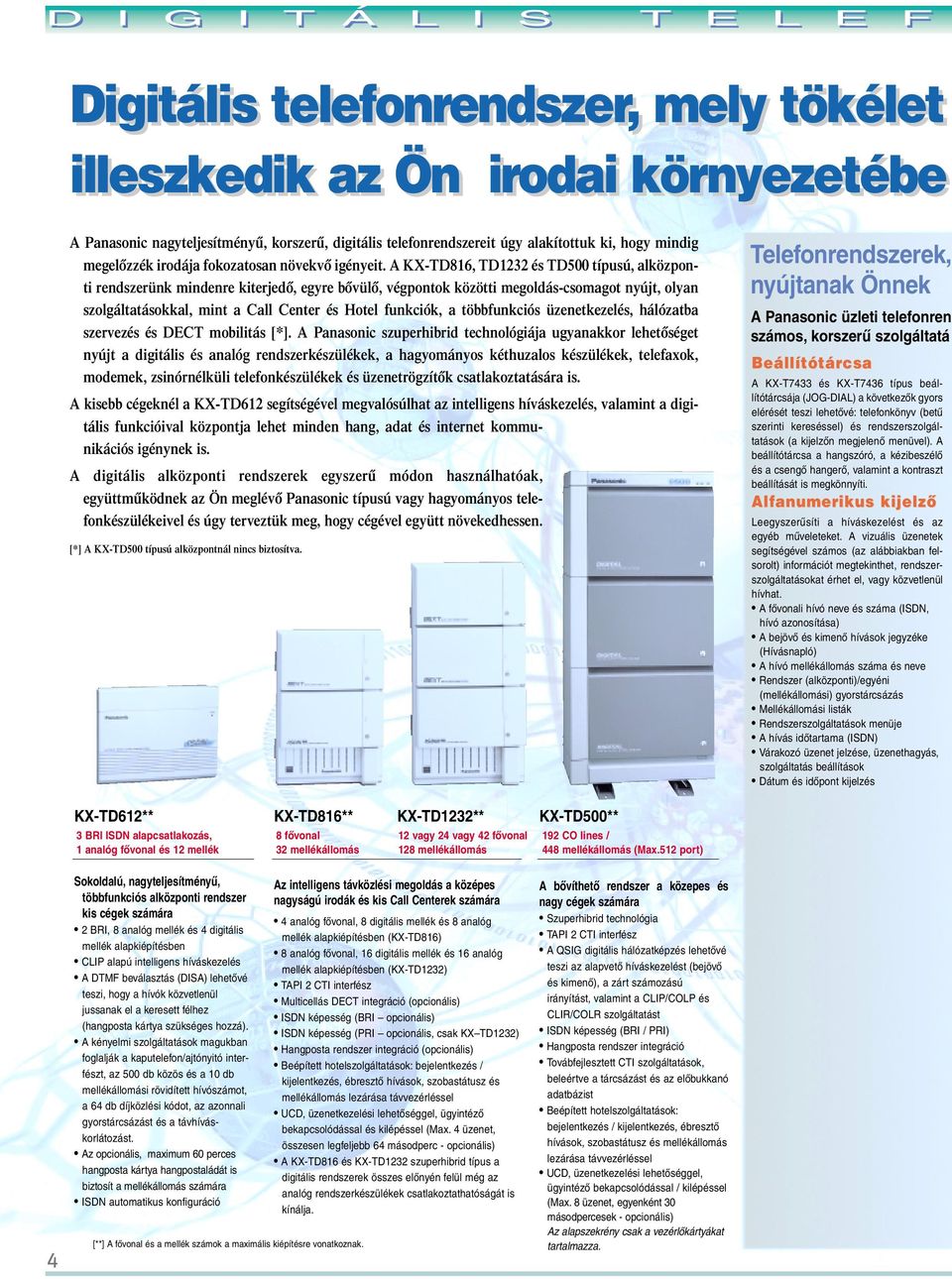 A KX-TD816, TD1232 és TD500 típusú, alközponti rendszerünk mindenre kiterjedõ, egyre bõvülõ, végpontok közötti megoldás-csomagot nyújt, olyan szolgáltatásokkal, mint a Call Center és Hotel funkciók,