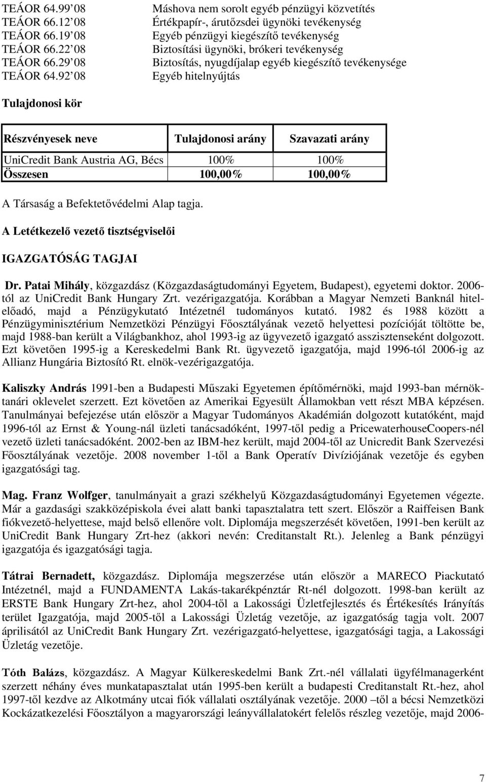 egyéb kiegészítı tevékenysége Egyéb hitelnyújtás Tulajdonosi kör Részvényesek neve Tulajdonosi arány Szavazati arány UniCredit Bank Austria AG, Bécs 100% 100% Összesen 100,00% 100,00% A Társaság a