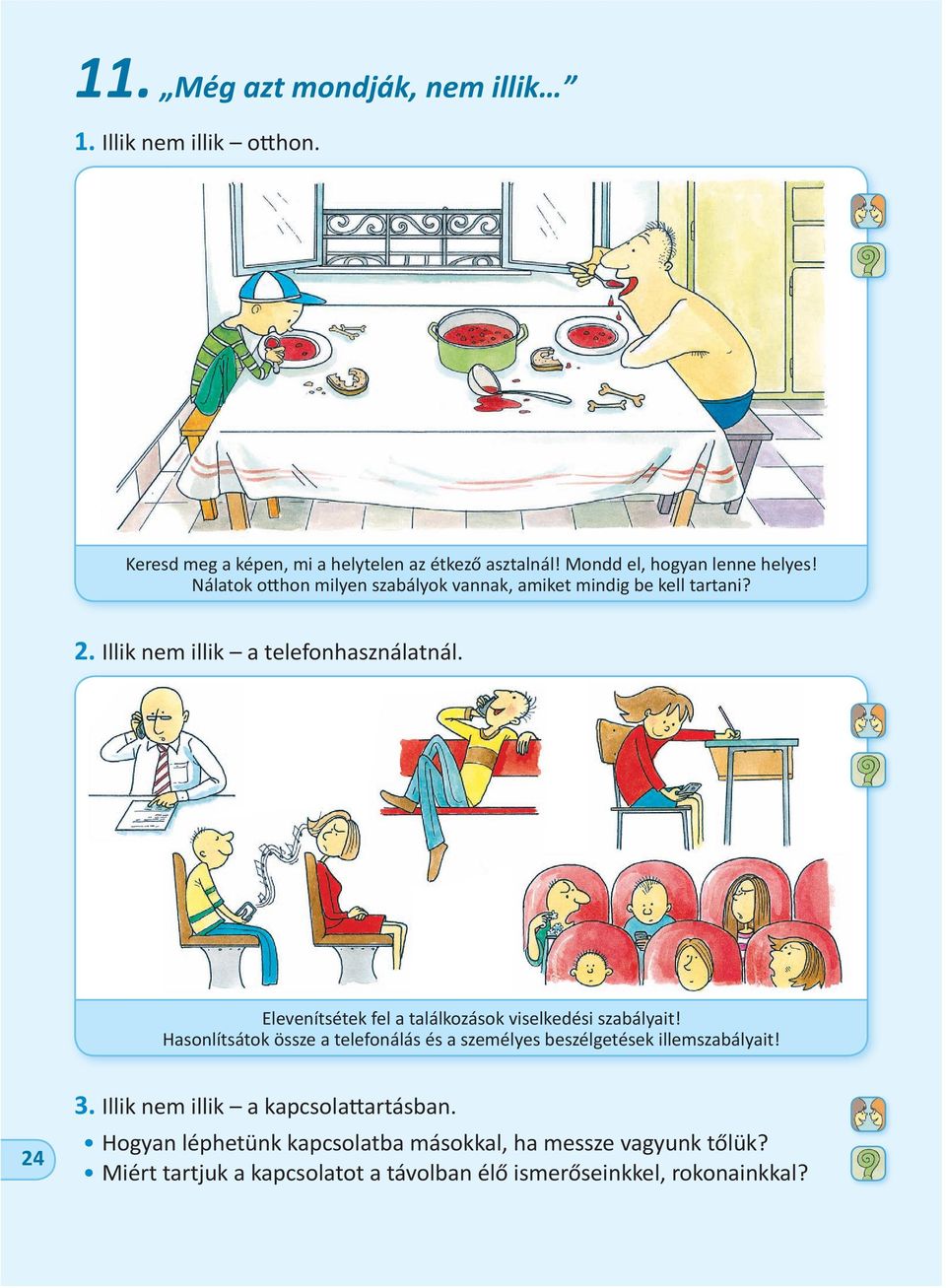 Elevenítsétek fel a találkozások viselkedési szabályait! Hasonlítsátok össze a telefonálás és a személyes beszélgetések illemszabályait! 24 3.