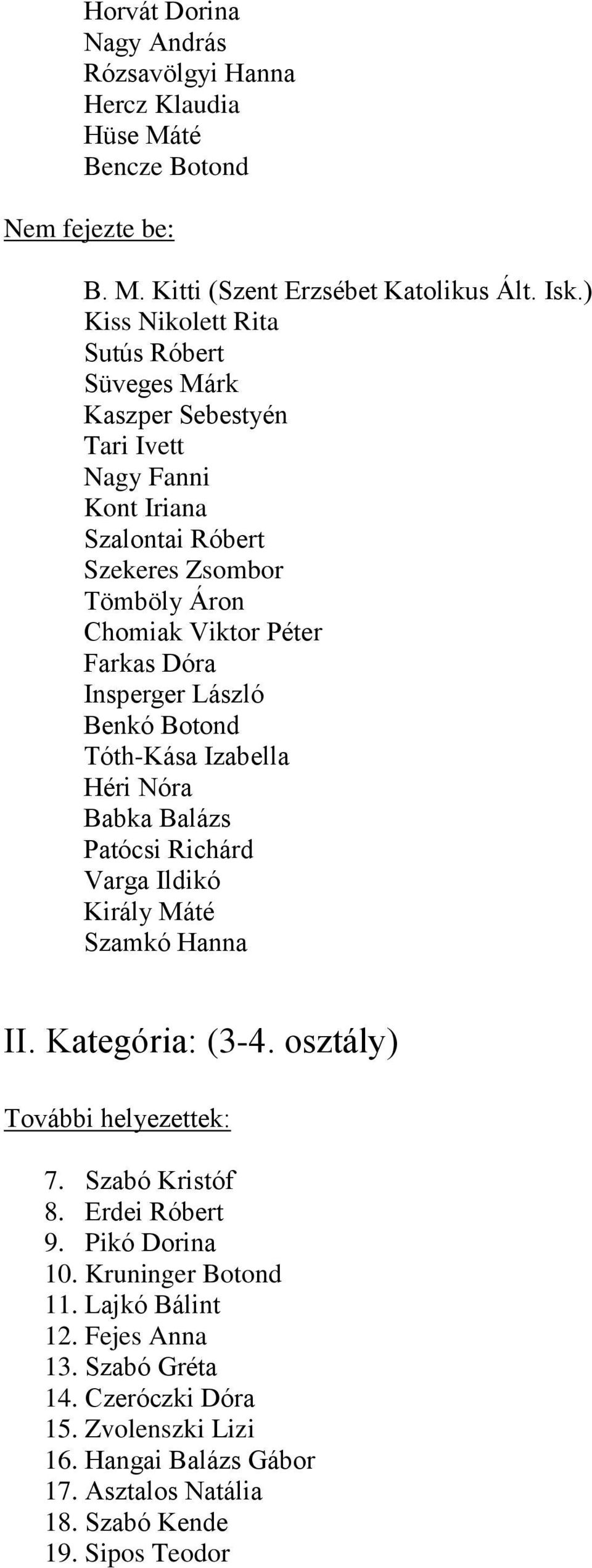 Insperger László Benkó Botond Tóth-Kása Izabella Héri Nóra Babka Balázs Patócsi Richárd Varga Ildikó Király Máté Szamkó Hanna II. Kategória: (3-4. osztály) További helyezettek: 7.