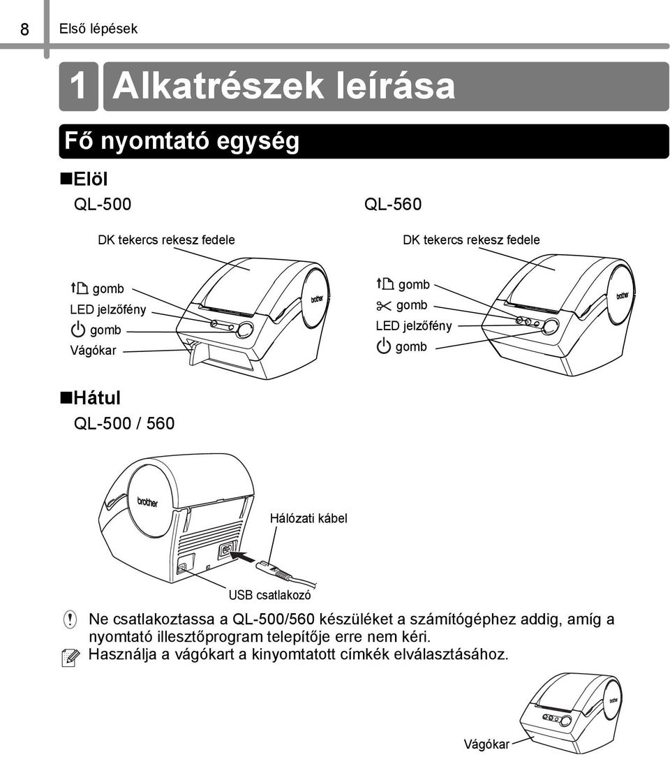 560 Hálózati kábel USB csatlakozó Ne csatlakoztassa a QL-500/560 készüléket a számítógéphez addig, amíg a