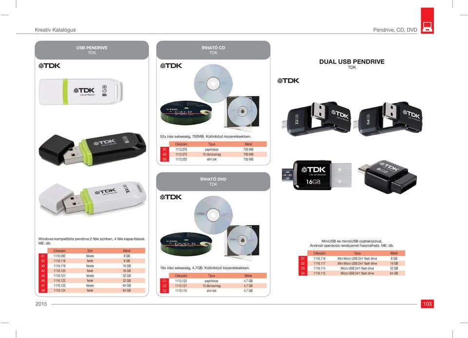 118 fehér 8 GB A3 1116.119 fekete 16 GB A4 1116.120 fehér 16 GB A5 1116.121 fekete 32 GB A6 1116.122 fehér 32 GB A7 1116.123 fekete 64 GB A8 1116.124 fehér 64 GB 16x írási sebesség, 4,7GB.