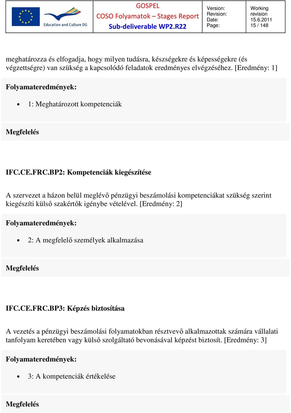 BP2: Kompetenciák kiegészítése A szervezet a házon belül meglévő pénzügyi beszámolási kompetenciákat szükség szerint kiegészíti külső szakértők igénybe vételével.