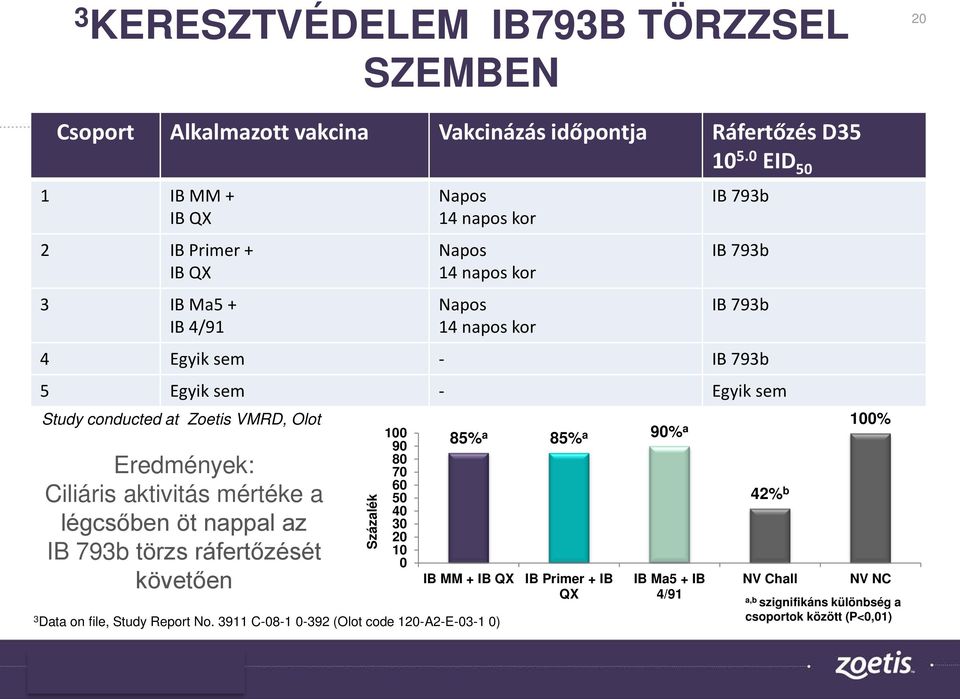 90% a IB MM + IB QX IB Primer + IB QX IB Ma5 + IB 4/91 IB 793b IB 793b IB 793b 4 Egyik sem - IB 793b 5 Egyik sem - Egyik sem Study conducted at Zoetis VMRD, Olot Eredmények: