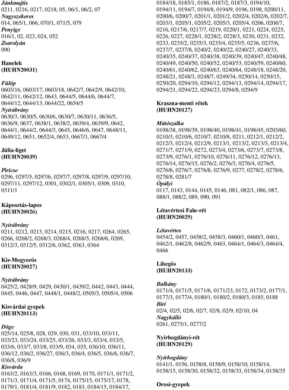 0638/2, 0639/4, 0639/9, 0642, 0644/1, 0644/2, 0644/3, 0645, 0646/6, 0647, 0648/11, 0649/12, 0651, 0652/4, 0653, 0667/3, 0667/4 Júlia-liget (HUHN20039) Piricse 0296, 0297/5, 0297/6, 0297/7, 0297/8,