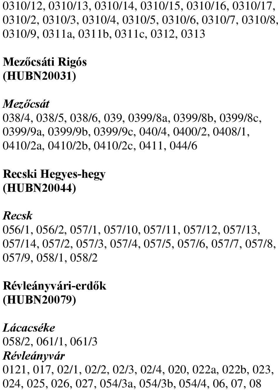 Hegyes-hegy (HUBN20044) Recsk 056/1, 056/2, 057/1, 057/10, 057/11, 057/12, 057/13, 057/14, 057/2, 057/3, 057/4, 057/5, 057/6, 057/7, 057/8, 057/9, 058/1, 058/2