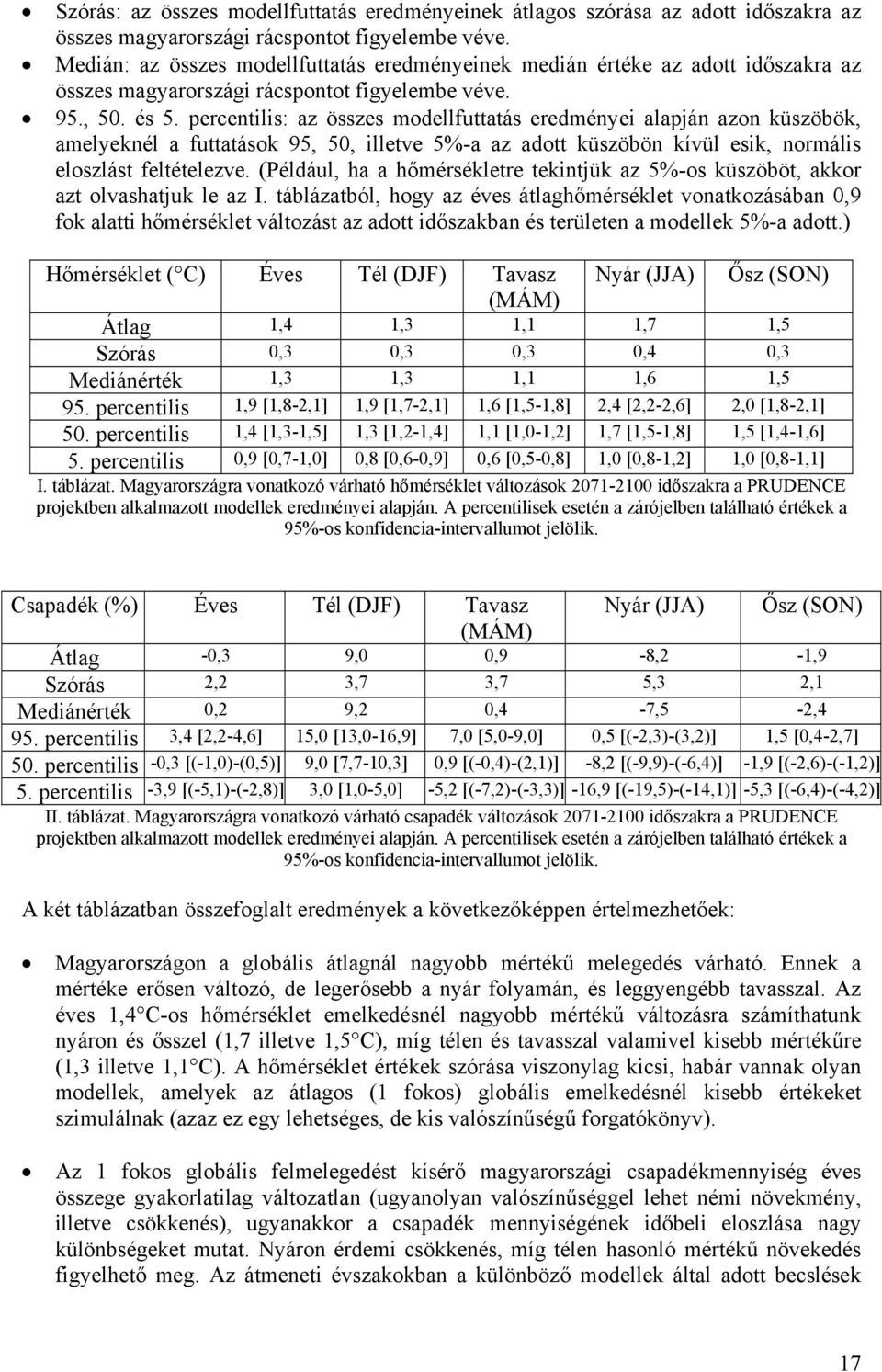 percentilis: az összes modellfuttatás eredményei alapján azon küszöbök, amelyeknél a futtatások 95, 50, illetve 5%-a az adott küszöbön kívül esik, normális eloszlást feltételezve.