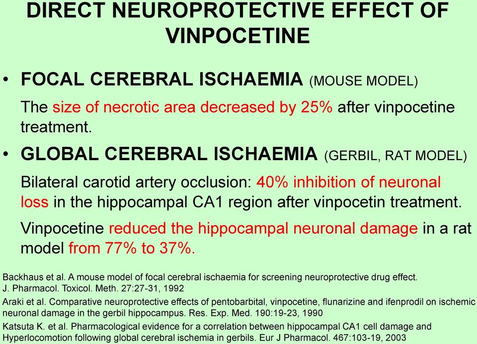 Vinpocetine reduced the hippocampal neuronal damage in a rat model from 77% to 37%. Backhaus et al. A mouse model of focal cerebral ischaemia for screening neuroprotective drug effect. J. Pharmacol.