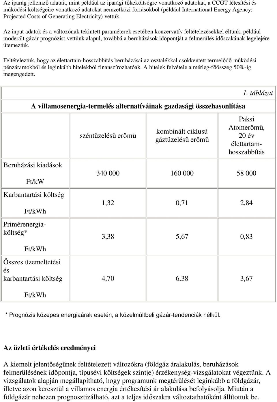 Az input adatok és a változónak tekintett paraméterek esetében konzervatív feltételezésekkel éltünk, például moderált gázár prognózist vettünk alapul, továbbá a beruházások idıpontját a felmerülés