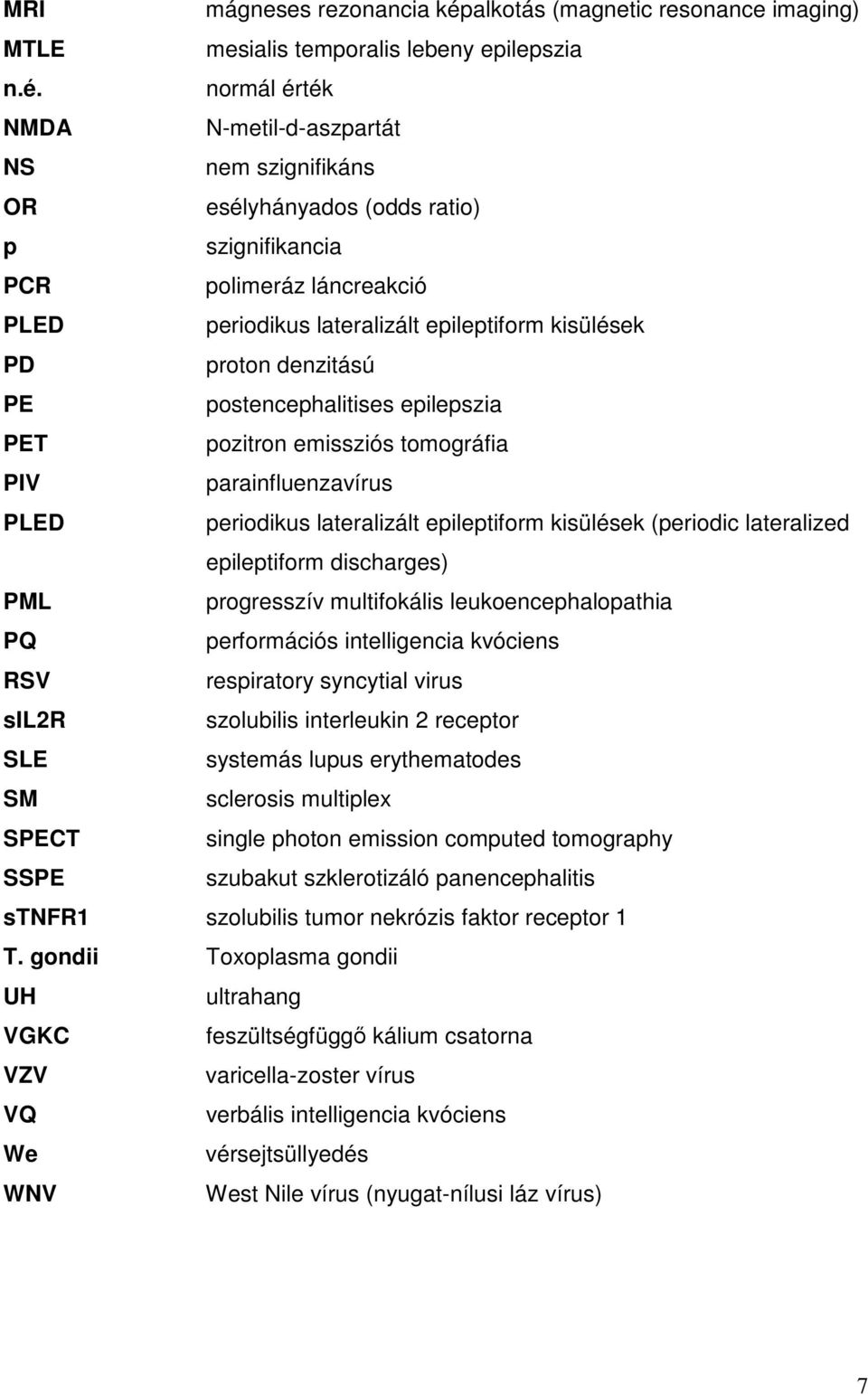 normál érték NMDA N-metil-d-aszpartát NS nem szignifikáns OR esélyhányados (odds ratio) p szignifikancia PCR polimeráz láncreakció PLED periodikus lateralizált epileptiform kisülések PD proton