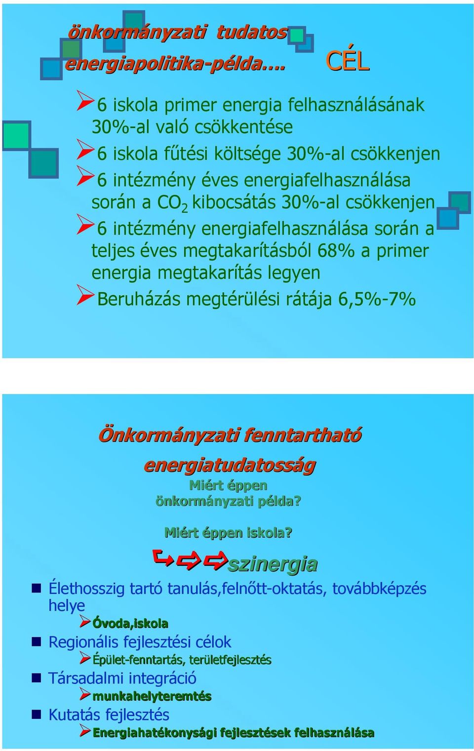 intézmény energiafelhasználása során a teljes éves megtakarításból 68% a primer energia megtakarítás legyen Beruházás megtérülési rátája 6,5%-7% Önkormányzati nyzati fenntartható