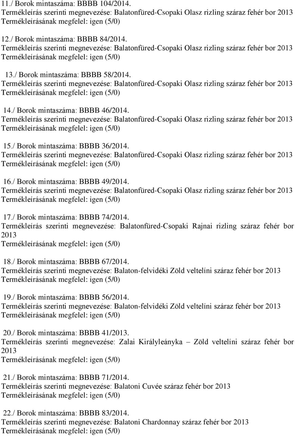 Termékleírás szerinti megnevezése: Balaton-felvidéki Zöld veltelíni száraz fehér 19./ Borok mintaszáma: BBBB 56/2014.
