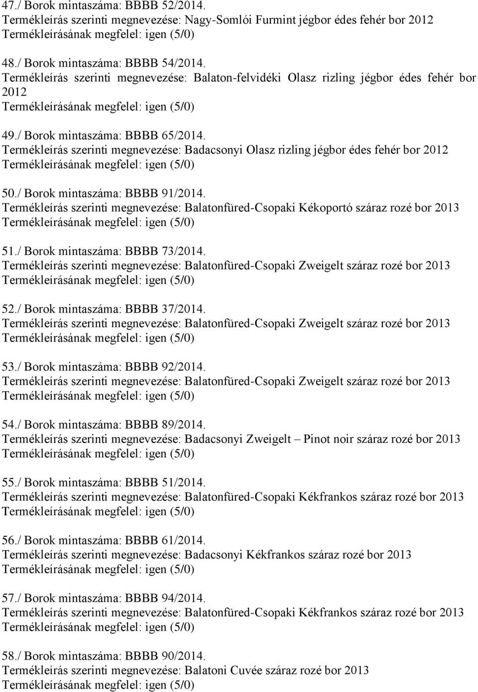 Termékleírás szerinti megnevezése: Badacsonyi Olasz rizling jégbor édes fehér bor 2012 50./ Borok mintaszáma: BBBB 91/2014.