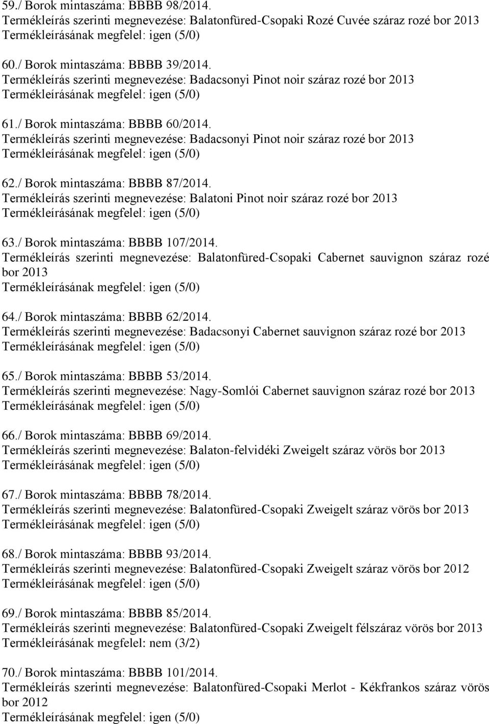 / Borok mintaszáma: BBBB 87/2014. Termékleírás szerinti megnevezése: Balatoni Pinot noir száraz rozé 63./ Borok mintaszáma: BBBB 107/2014.