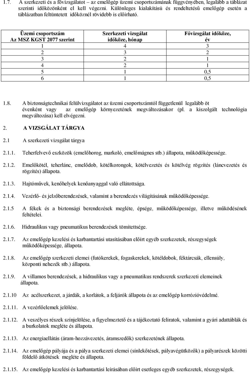 Üzemi csoportszám Az MSZ KGST 2077 szerint Szerkezeti vizsgálat időköze, hónap 1 4 3 2 3 2 3 2 1 4 2 1 5 1 0,5 6 1 0,5 Fővizsgálat időköze, év 1.8.