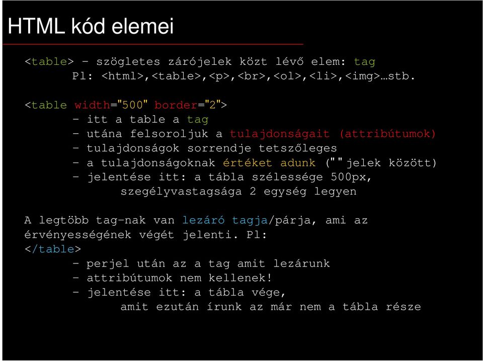 tulajdonságoknak értéket adunk (" " jelek között) - jelentése itt: a tábla szélessége 500px, szegélyvastagsága 2 egység legyen A legtöbb tag-nak van