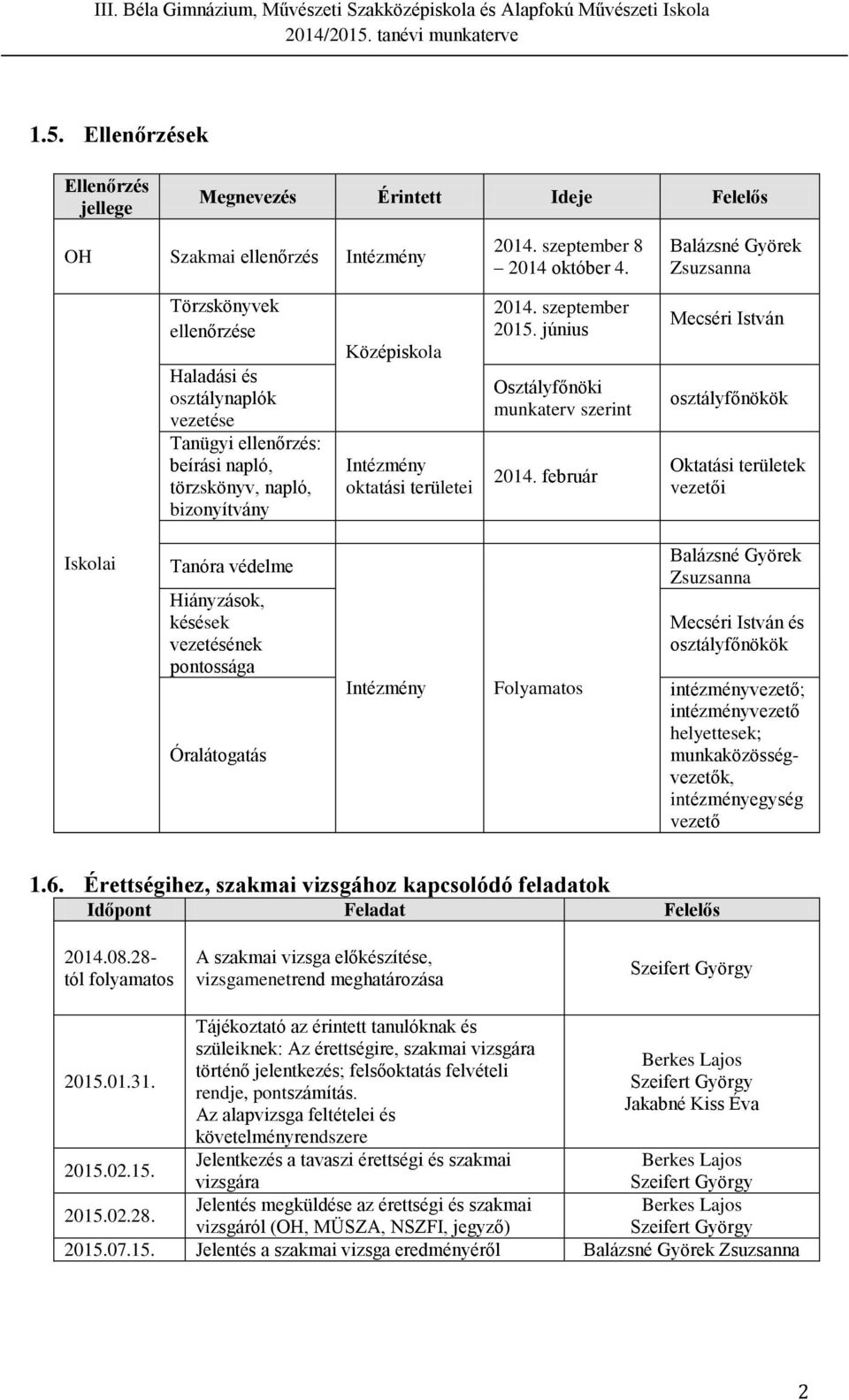 június Osztályfőnöki munkaterv szerint 2014.