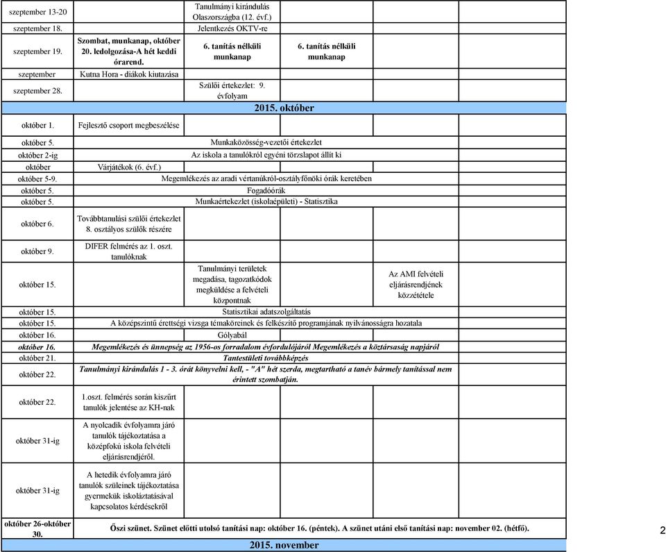 október 6. tanítás nélküli munkanap október 5. október 2-ig október október 5-9. október 5. október 5. október 6. október 9. október 15. október 15. október 15. október 16. október 16. október 21.