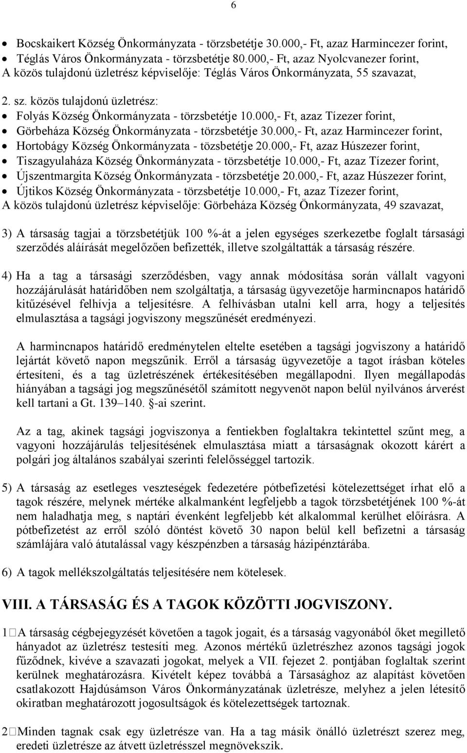 000,- Ft, azaz Tízezer forint, Görbeháza Község Önkormányzata - törzsbetétje 30.000,- Ft, azaz Harmincezer forint, Hortobágy Község Önkormányzata - tözsbetétje 20.