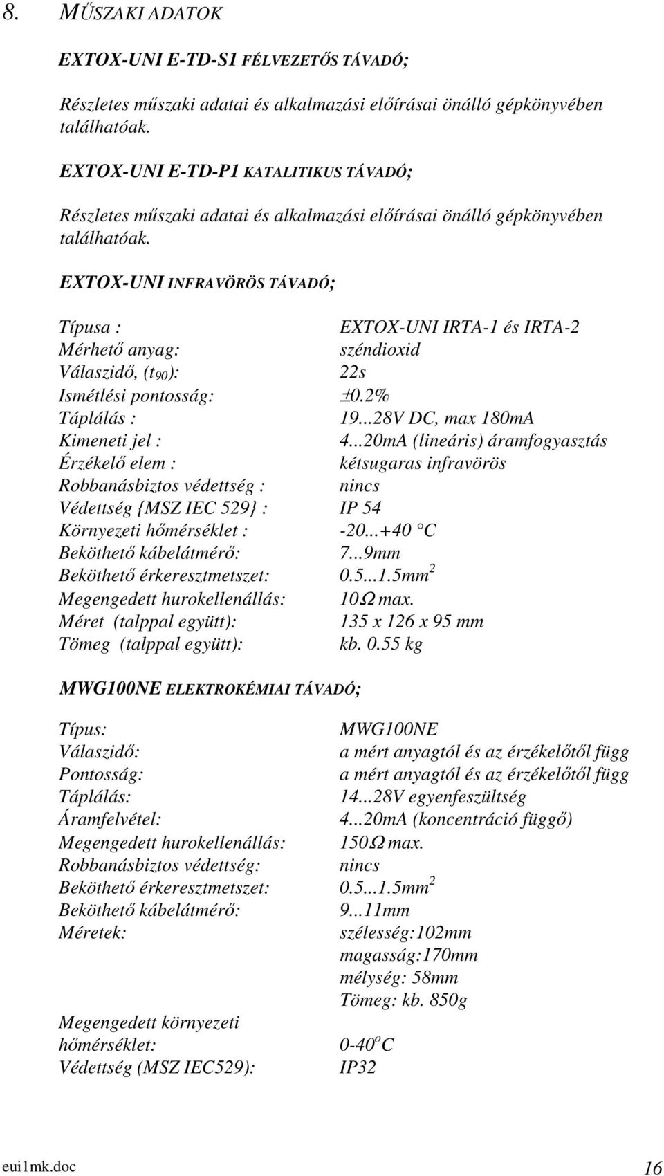 EXTOX-UNI INFRAVÖRÖS TÁVADÓ; Típusa : EXTOX-UNI IRTA-1 és IRTA-2 Mérhető anyag: széndioxid Válaszidő, (t 90 ): 22s Ismétlési pontosság: ±0.2% Táplálás : 19...28V DC, max 180mA Kimeneti jel : 4.